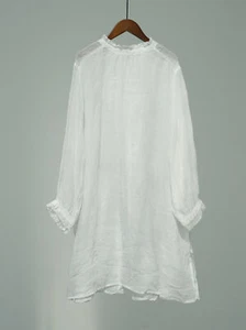 Camicia lunga Ramie colletto retrò sciolto estate donna blusa top pullover manica lunga - Foto 1 di 16