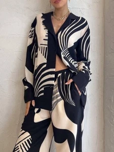 Women Long Sleeve loose pockets printed elegant blouse & pant Set - Picture 1 of 7
