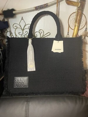 Bolso Shopper SANDRO Grande Negro Tweed Book con Bordes con Flecos Nuevo con Etiquetas $695 Foto 1 de 4