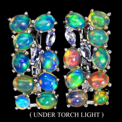 925 Sterling Silver Earrings Oval Fire Opal Tanzanite Natural Gemstone Jewelry - Image 1 of 4