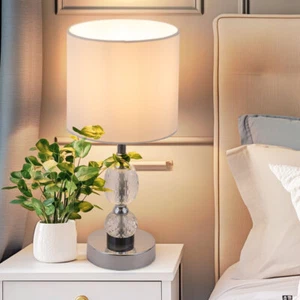 Lampada da Comodino Tavolo Bicchiere di Cristallo Schermo Bianco Cromo E14 - Foto 1 di 12