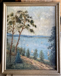 Oil Painting Trees Sailing Boats Bay Pine Shore Summer Day Sport Water - Picture 1 of 5