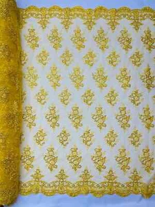 Floral Bridal Lace - Yellow - Flower Damask Design Embroidered Mesh Lace By Yard - Picture 1 of 4