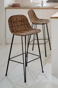 Barhocker Barstuhl Küchenhocker Rattan geflochtener Sitz Metall schwarz modern - Bild 1 von 5