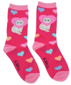 K. Bell Women's Crew Socks White Persian Cat Love Valentine 60% Cotton Sz 9-11  - Picture 1 of 2