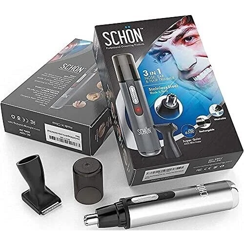 SCHON Stainless Steel 3-in-1 Nose, Eyebrow/ Facial Hair Trimmer. euro plug 2 pin