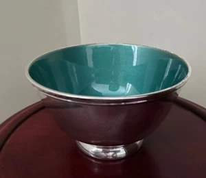 Heavy, vintage, 6" silverplate Towle bowl lined with teal enamel, marked 5002 EP - Picture 1 of 9