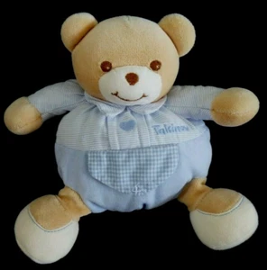 A4. DOUDOU PELUCHE BOULE TAKINOU OURS BLEU BEIGE MARRON RAYE VICHY COEUR NEUF* - Foto 1 di 9