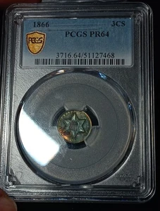 ๐1866 3CS PCGS PF 64 Stunning Rainbow Toning - Rare Date Low Mintage- 725 - Picture 1 of 7