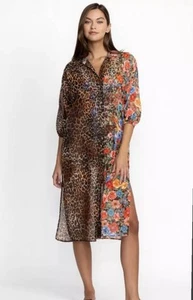 Johnny Was Leopard Button Down Shirt Dress Long Sleeve Floral Chiffon Sz L NEW - Picture 1 of 13