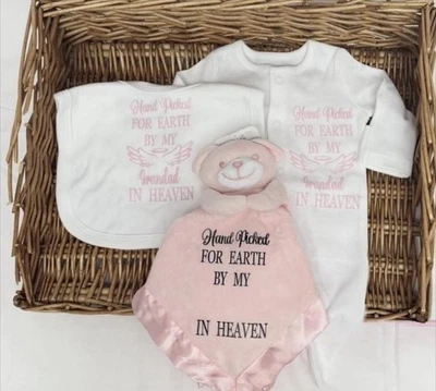 Newborn baby sleepsuit Bib Pink Comforter Teddy Bear Personalised Heaven Nan - Image 1 of 4