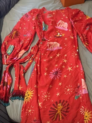 FARM RIO: “Tropical Zodiac” Poet Sleeve Side Tie Faux Wrap Midi Dress Sz.S (RED) - Image 1 of 4