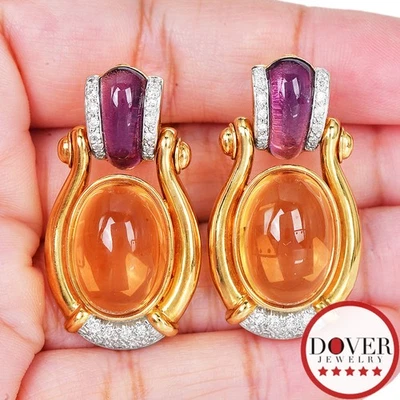 Diane von Furstenberg Diamond 14.70ct Citrine Amethyst 18K Gold Earrings 29.1 Gr - Image 1 of 4