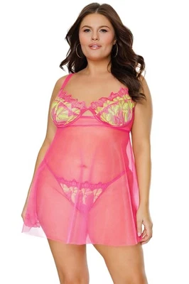 Coquette Diva Summer Neon Pink Underwire Cups Babydoll Set - Image 1 of 3
