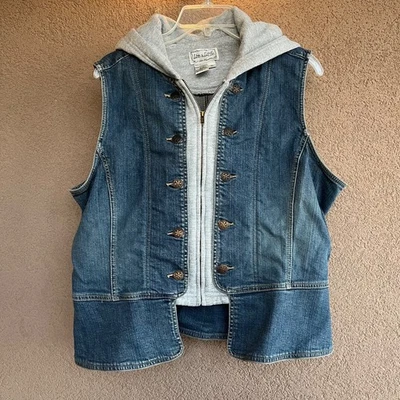 Live a Little Denim Vest Women's XL Blue Button/zip gray sweatshirt 2 layer hood - Image 1 of 4