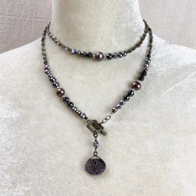 Silpada 纯银串珠赤铁矿和珍珠吊坠切换项链 33 英寸 — 第 1/4 张图片