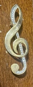 1970s JJ Jonette Gold Tone Treble Clef Music Note w Rhinestones Brooch Pin - Picture 1 of 7