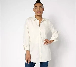 Martha Stewart Woven Button-Front Tunic Shirt-Solid Ivory-Petite XS A685842 - Picture 1 of 1