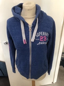 SUPERDRY Womens Track&Field Zip Hoodie Sweater UK 14 Large Blue Flecked C5 - Picture 1 of 12