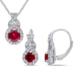 AMOUR 2-piece Set Of Created White Sapphire and Created Ruby Twist Teardrop Halo - Picture 1 of 8