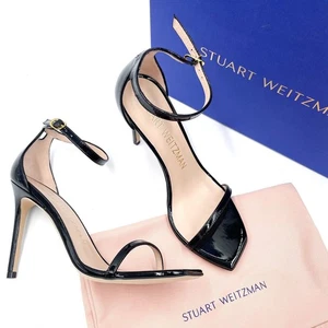 Stuart Weitzman NudistCurve 100 Sandals Black Patent Heels Square Toe Sz 8.5 - Picture 1 of 10