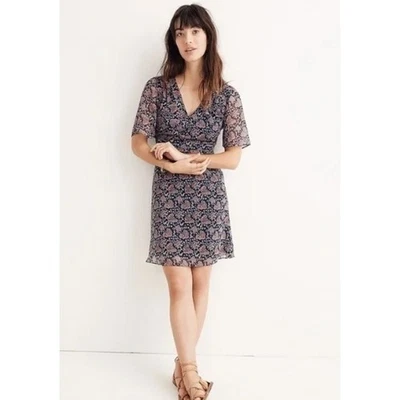 Madewell Floral Flutter Sleeve Mini Dress Size 8 Navy Blue Pink V Neck NWT - Image 1 of 4