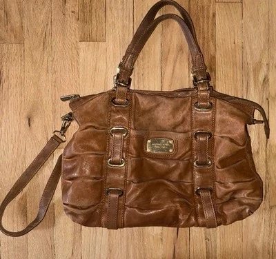 Bolso Cartera Michael Kors De Colección Para Mujer Cuero Tostado Montura Grande Mango Superior Y2K Foto 1 de 4