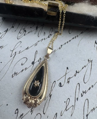 Anhänger, 585 Gold, Onyx, Biedermeier, antik, um 1840, Kette, Collier - Bild 1 von 4