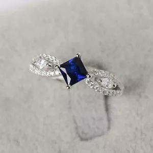 2CT Princess Lab Created Blue Sapphire Wedding Women's Ring 925 Sterling Silver - Picture 1 of 3