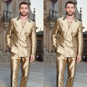 Trajes de seda satinados dorados para hombre cena fiesta graduación moda 2 piezas esmoquin blazers - Imagen 1 de 9