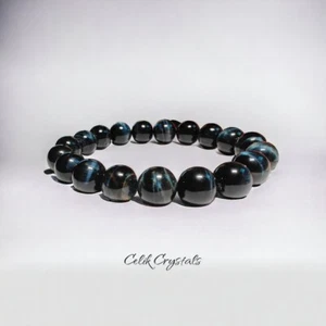 AAA Blue Tiger Eye Bracelet Gold Stripes Natural Stones 10mm Unisex Stretch Bead - Picture 1 of 5