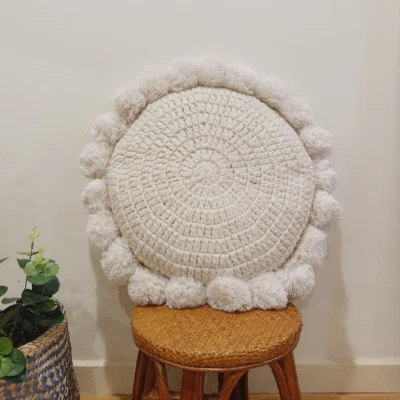Bohemian Pom Pom Round Cushion Boho Decorative Pillow Crochet Pillow 45CM - image 1 of 4