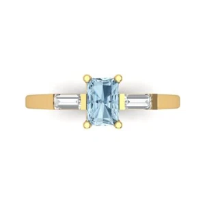 0.8Ct Emerald Cut Natural Aquamarine 3 Stone Engagement Ring, 14K Yellow Gold - Picture 1 of 11
