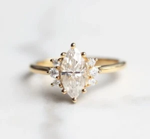 Marquise&Round Cut 2 Ct Moissanite Engagement Bridal Ring 14K Solid Yellow Gold - Picture 1 of 9