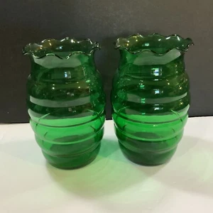 Green Anchor Hocking Beehive Vase Set 2 Ruffle Top Glass Vintage MCM #18 - Picture 1 of 7
