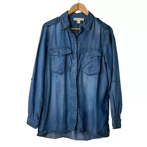 Michael Kors Women Chambray Shirt Size 4 Button Up Long Roll Tab Sleeve Cowgirl - Picture 1 of 9