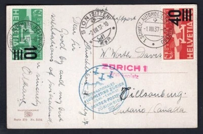SWITZERLAND 1937 Airmail Postcard to Canada. Zurich Meet, Special Sion Flight - Image 1 of 2