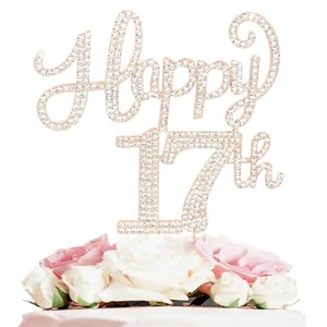 Happy 17th Birthday Gold Rhinestone Cake Topper - Picture 1 of 4