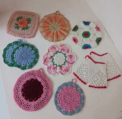 Lote de 10 soportes para ollas de algodón de ganchillo hechos a mano de colección almohadilla caliente tapetes remaches nuevo en stock Foto 1 de 4