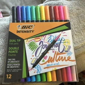 BiC Intensity Dual Tip Felt Colouring Pens Assorted Ink Brush & Fine Pack Of 12 - Picture 1 of 2