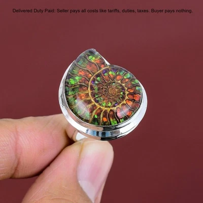 925 Sterling Silver Natural Ammolite In Ammonite Fossil New Promise Ring Jewelry - Image 1 of 4
