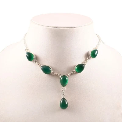 Green Onyx Gemstone Necklace 925 Sterling Silver Handmade Adjustable Jewelry A19 - Image 1 of 4