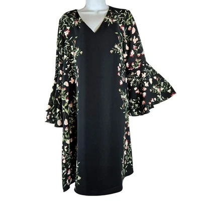 Alfani Floral Feminine Romantic Elegant Shift Dress Sz 8 Black Bell-Sleeve EUC - Image 1 of 4