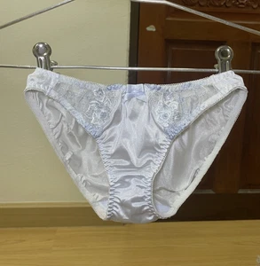 Vintage Light Blue Silky Polyester Panty Sheer Floral Lace Hi Cut Bikini Sz.5 - Picture 1 of 21