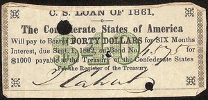 1861 CONFEDERATE STATES $40 INTEREST PAYMENT FOR $1000 BOND - Picture 1 of 2