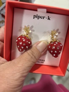 Piper K Strawberry Earrings Gold tone metal Red Glass Stones - Picture 1 of 1
