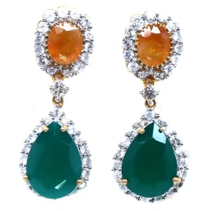 925 Plata 13 x 18 Mm. Ágata Verde ,Amarillo Zafiro & Blanco Circonita Pendientes - Imagen 1 de 4