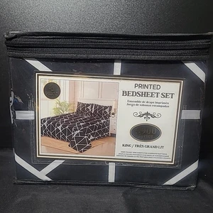 4 Piece Printed Bedsheet Set Blk/Wht King 2900 Series Deep Pockets - Picture 1 of 6