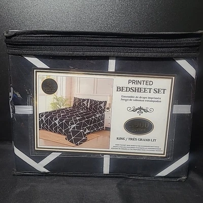 4 Piece Printed Bedsheet Set Blk/Wht King 2900 Series Deep Pockets - Image 1 of 4