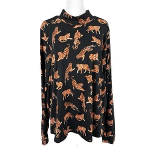Anthropologie Maeve 2X Black Tiger All Over Animal Print Knit Turtleneck Top - Picture 1 of 12